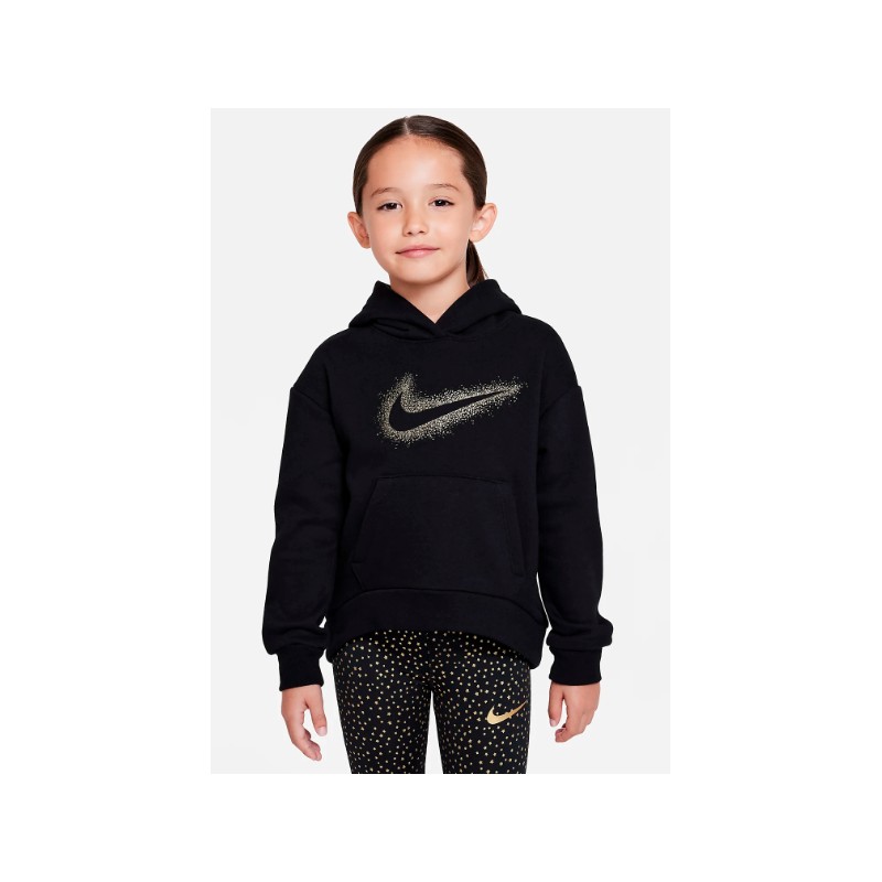Nike Junior Fleece Hoodie Black Felpa Capp Nera Logo Spruzzo Oro Baby Bimba - Giuglar