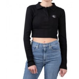 Calvin Klein Jeans Badge Polo Collar Long Sleeves Costina Crop Nera Donna - Giuglar