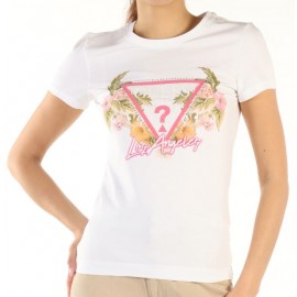 Guess Ss Cn Triange Flowers T-Shirt M/M Bianca Logo Triang Flor Donna - Giuglar