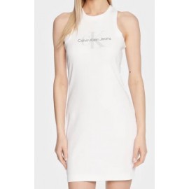 Calvin Klein Jeans Archival Monologo Rib Tank Dress Vestito Costine Bianco Donna - Giuglar