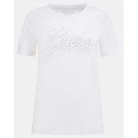 Ss Rn Guess Script T-Shirt M/M Bianca Logo Ricamato Tinta Donna - Giuglar