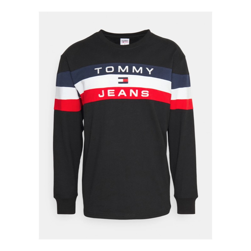 Tommy Jeans Tjm Rlx Colorblock L/S T-Shirt M/L Nera Banda Blu/Bia/Rossa Uomo - Giuglar Shop