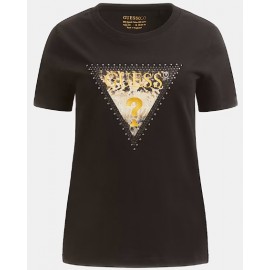 Guess Ss Cn Animal Triangle T-Shirt M/M Nera Logo Beige/Oro Donna - Giuglar