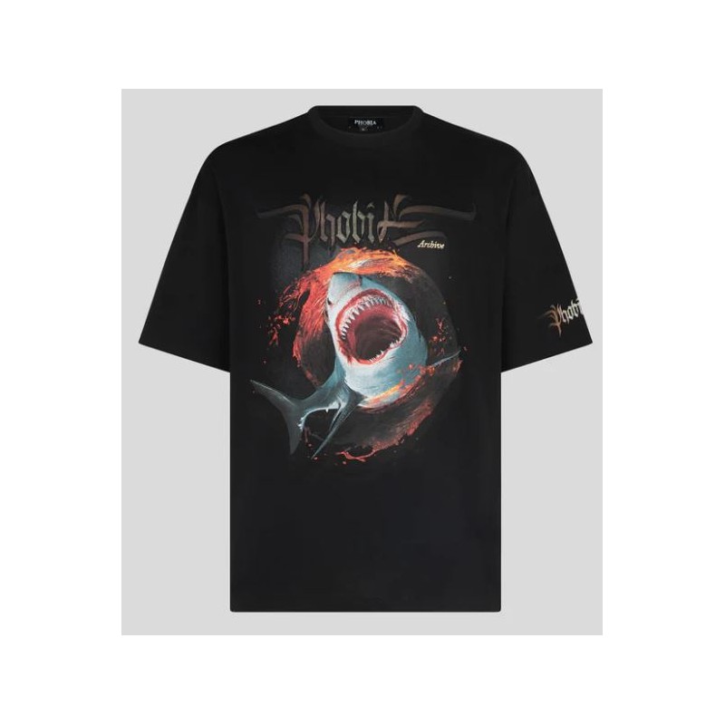 Phobia Black T-Shirt With Shark Print T-Shirt M/M Nera Stampa Squalo Uomo - Giuglar