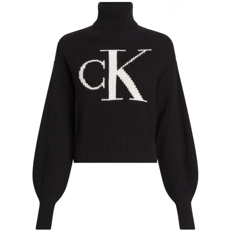 Calvin Klein Jeans Blown Up Ck Loose Sweater Dolcevita Big Logo Nera Donna - Giuglar