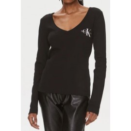 Calvin Klein Jeans Rib V-Neck Monologo Long Sleeve T-Shirt M/L Costina Nera Donna - Giuglar