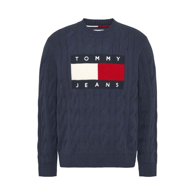 Tommy Jeans Tjm Rlx Flag Cable Knit Sweater Maglia Trecce Blu Logo Uomo - Giuglar