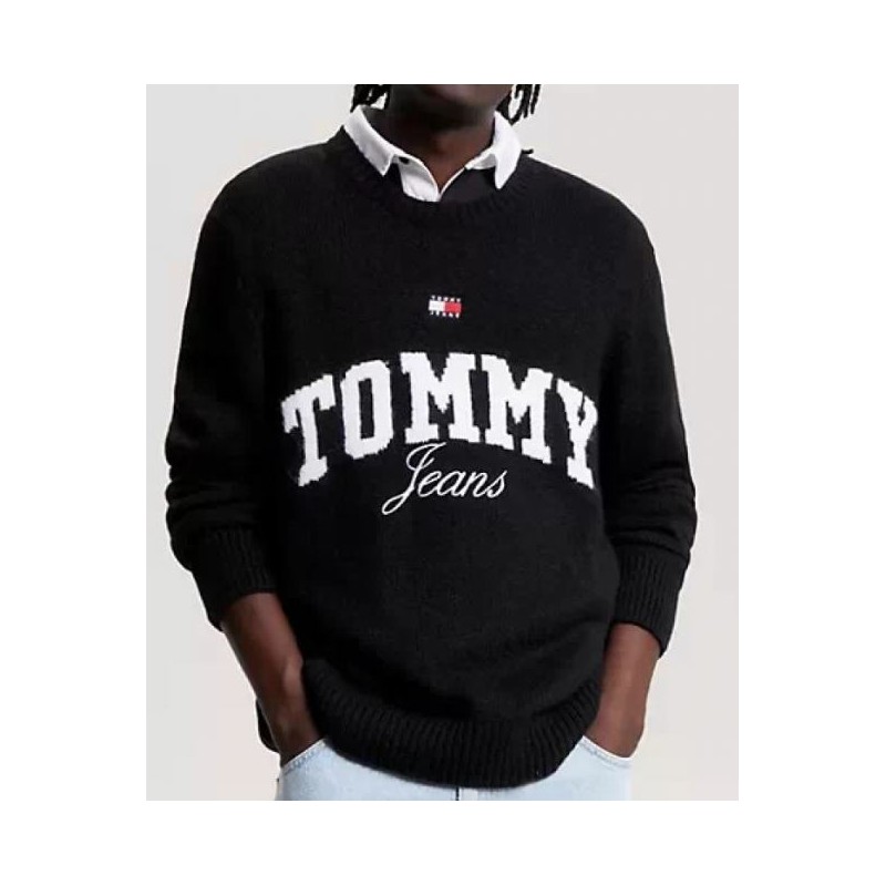 Tommy Jeans Tjm Rlx New Varsity Sweater Maglia Big Logo Nera Uomo - Giuglar