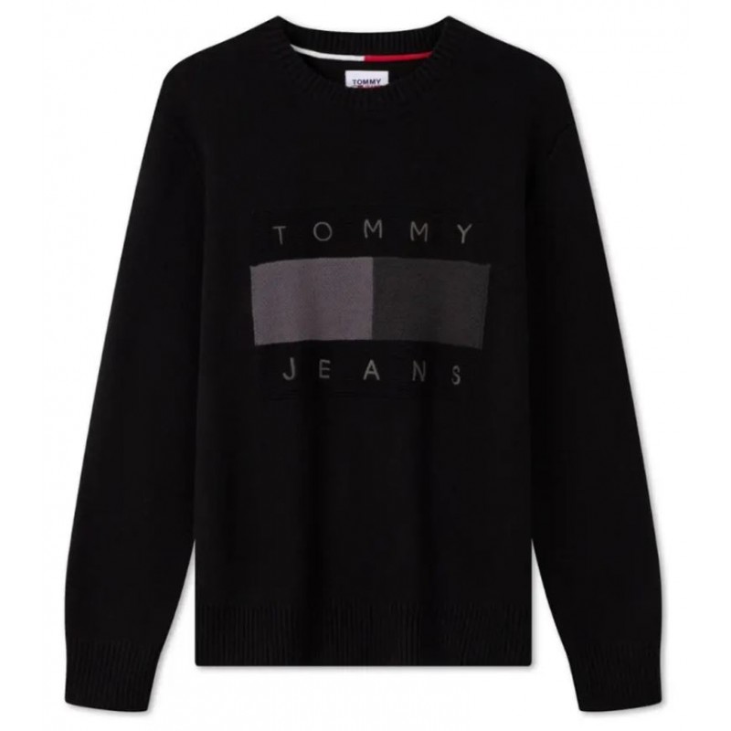 Tommy Jeans Tjm Rlx Tonal Flag Sweater Maglia Big Logo Nera Uomo - Giuglar