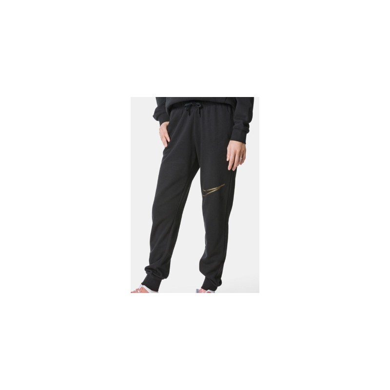 Nike W Nsw Club Flc Shine Mr Pant Black Pantalone Nero Logo Oro Donna - Giuglar