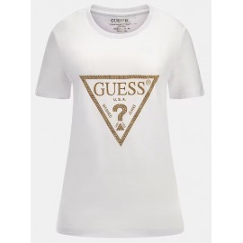 Guess Ss Cn Gold Triangle Tee T-Shirt M/M Bianca Triangolo Oro Donna - Giuglar