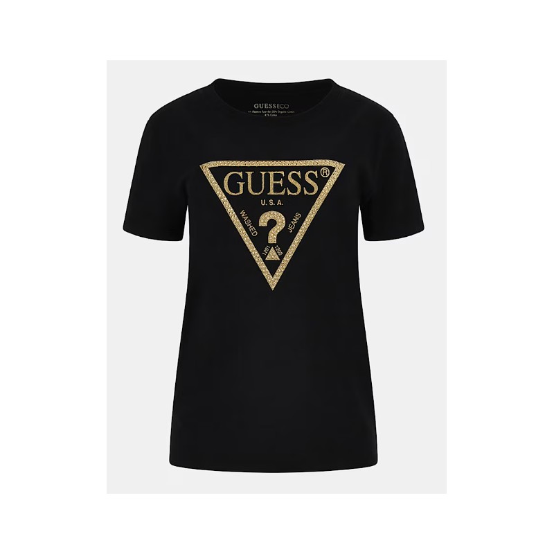 Guess Ss Cn Gold Triangle Tee T-Shirt M/M Nera Triangolo Oro Donna - Giuglar