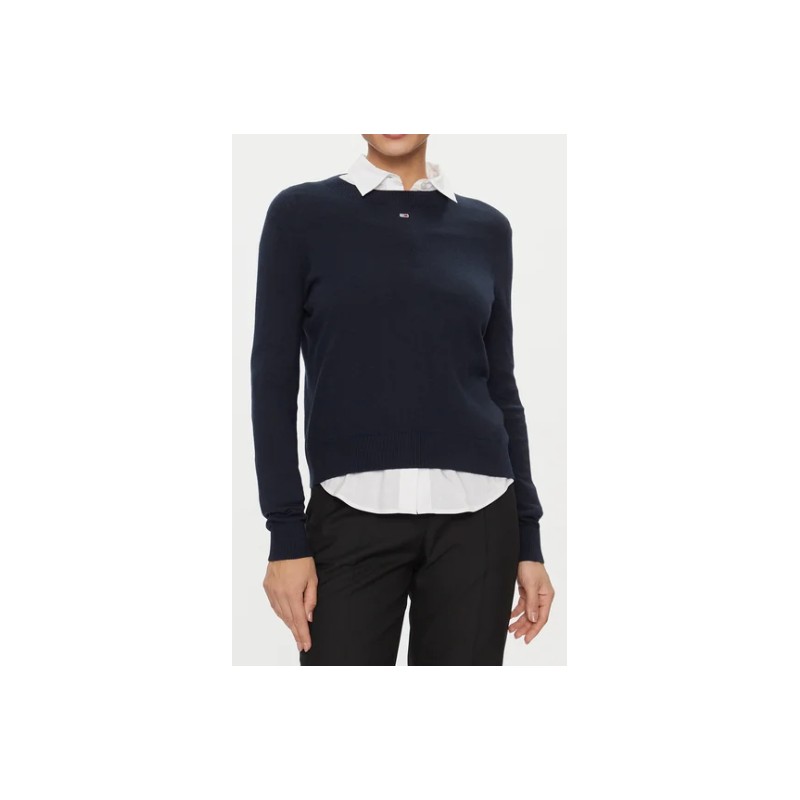 Tommy Jeans Tjw Ess Crew Neck Sweater Dk Nght Navy Maglia Cot Giro Blu Donna - Giuglar