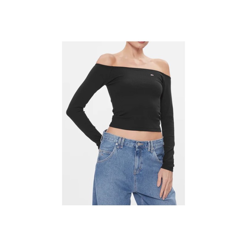 Tommy Jeans Tjw Off Should Top Ls Black T-Shirt M/L Crop Costina Nera Donna - Giuglar