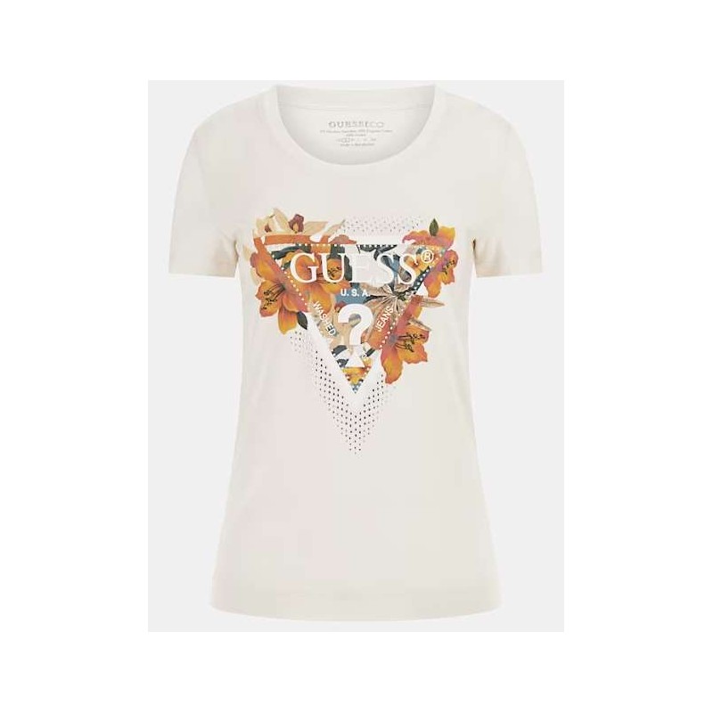 Guess Ss Cn Tropical Triangle T-Shirt M/M Cream White Fiori Donna - Giuglar