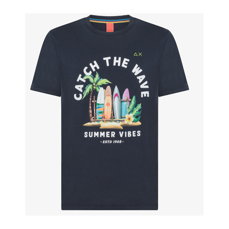Sun 68 T-Shirt M/M Fancy Print Navy Blue Stampa Summer Uomo - Giuglar Shop