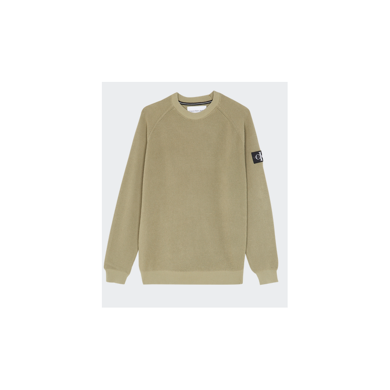 Calvin Klein Jeans Washed Badge Sweater Maglia Grana Riso Salvia Uomo - Giuglar Shop