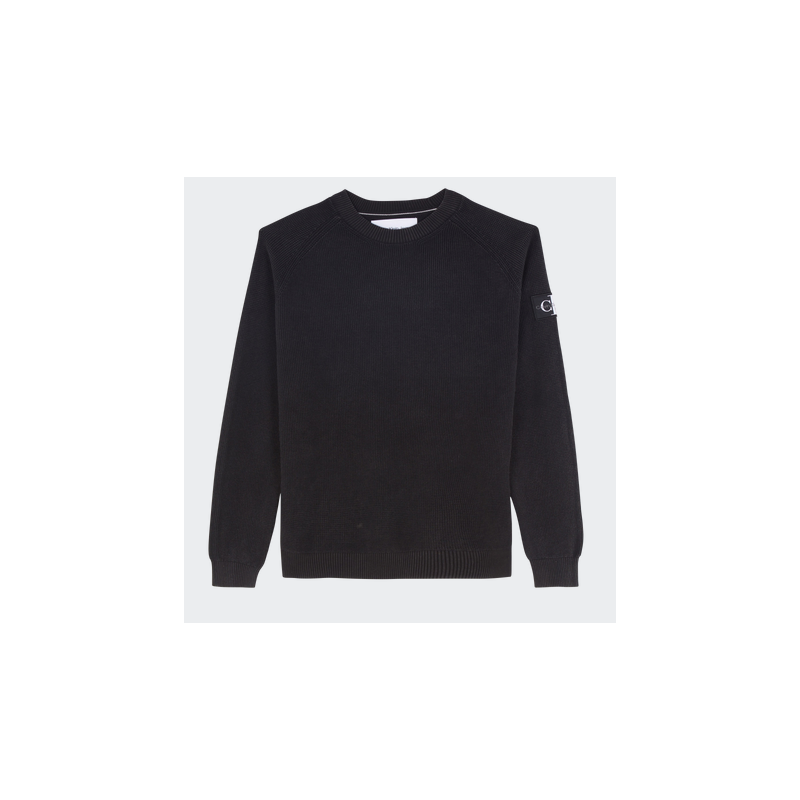 Calvin Klein Jeans Washed Badge Sweater Maglia Grana Riso Nera Lavata Uomo - Giuglar Shop