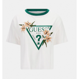 Guess Zoey Ss T-Shirt M/M Bianca Triangolo Verde Fiori Ricamati Donna - Giuglar Shop
